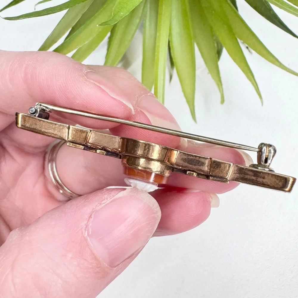 Antique Victorian 1880s 10k Rose Gold Filled Carnelian Cameo Bar Brooch